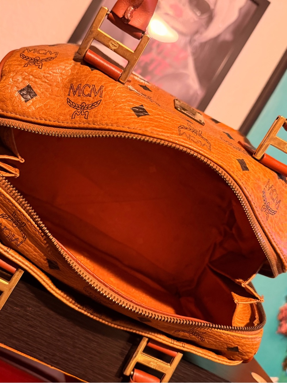 MCM Cognac Logo Visetos Satchel with Brass Hardware - Picture 9 of 13